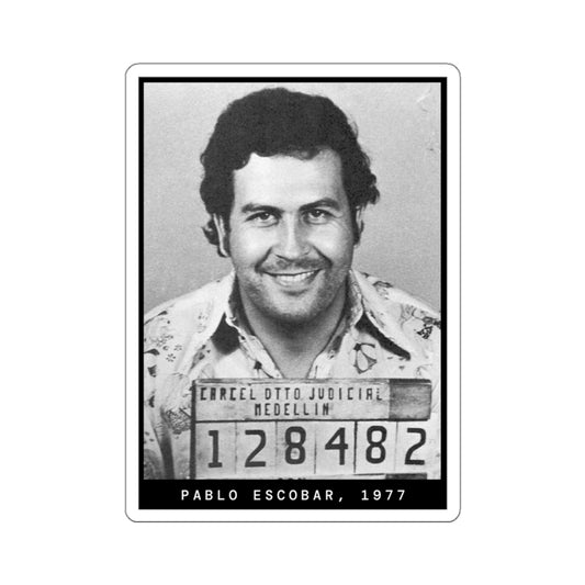 Pegatina de foto policial de Pablo Escobar, 1977