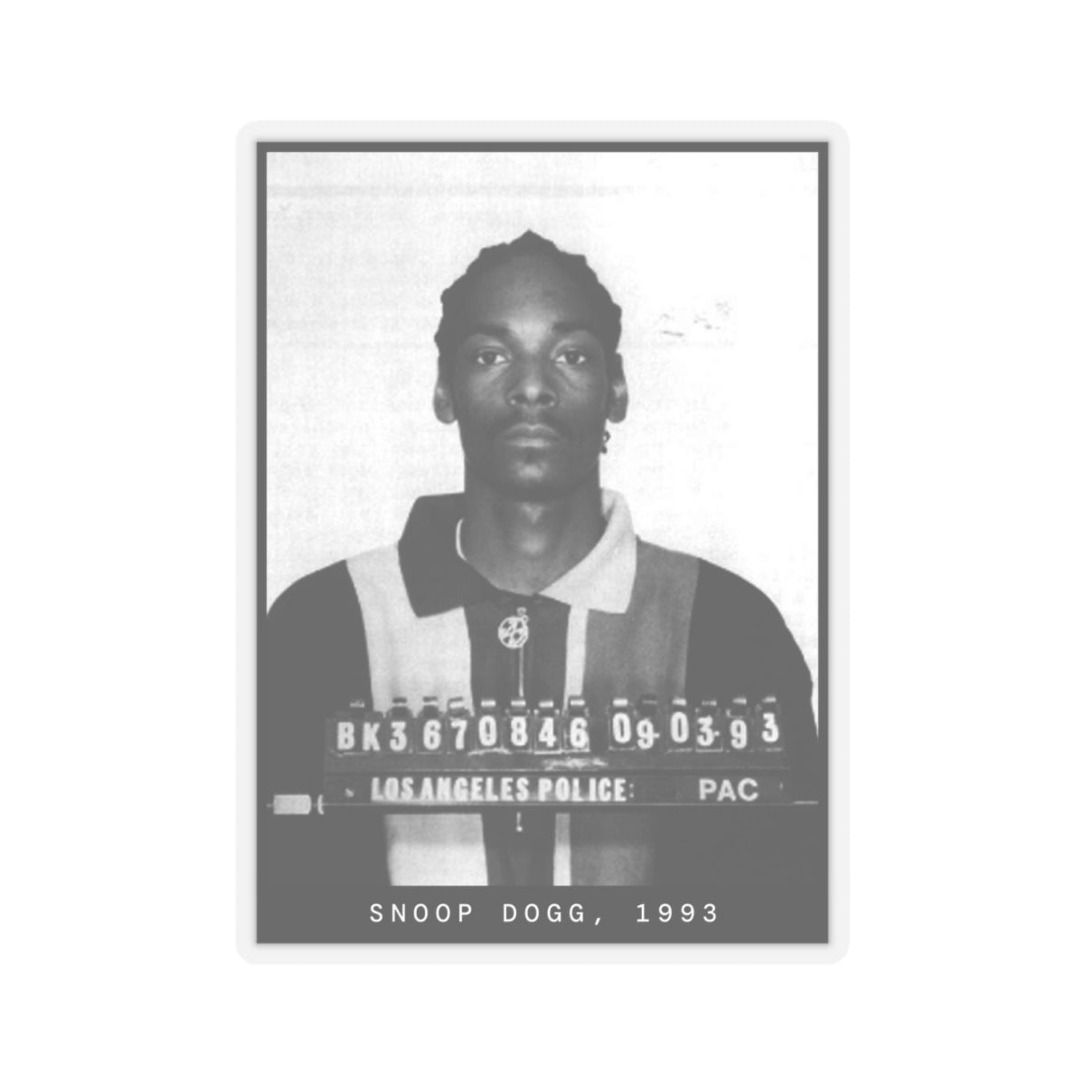 Pegatina con foto policial del rapero Snoop Dogg de 1993