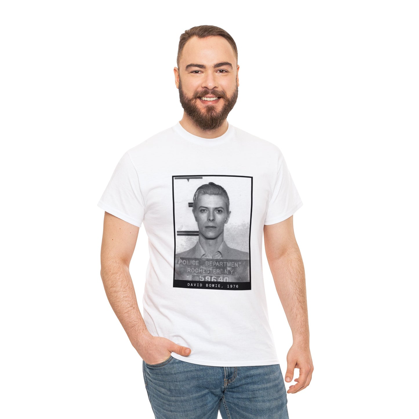 Camiseta con foto policial de David Bowie, cantante de 1976 